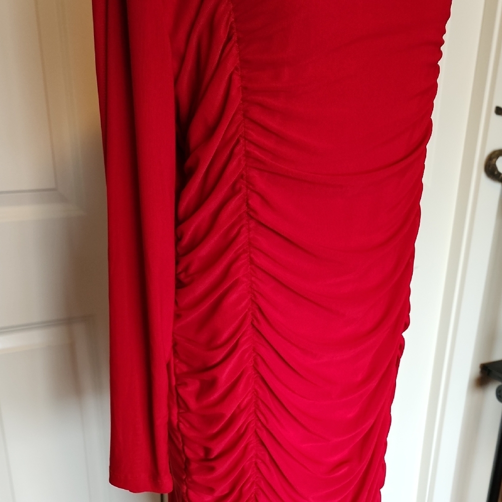 Classic Plus Square Neck Ruched Red Mesh Dress - Picture 6 of 12
